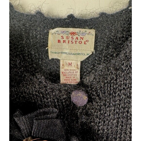 VINTAGE Susan Bristol floral applique cardigan black puff sleeves sweater Medium - Picture 4 of 7
